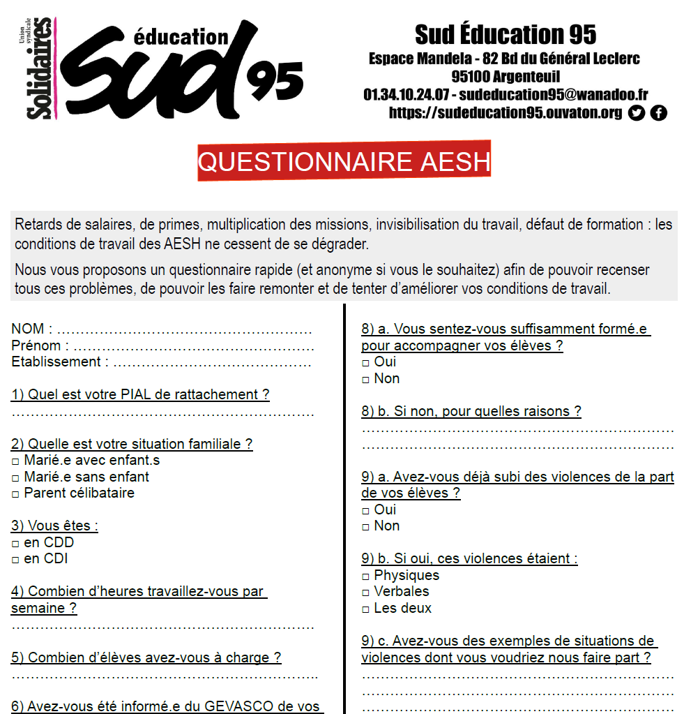 Aperçu du questionnaire